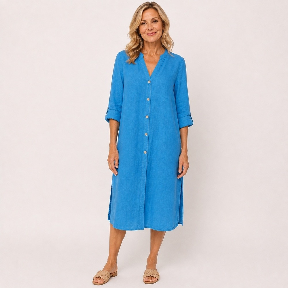 Zara Boho Chic Blue 100% Linen Button Front Midi Shirt Dress XS 3/4 Sleeve Beach